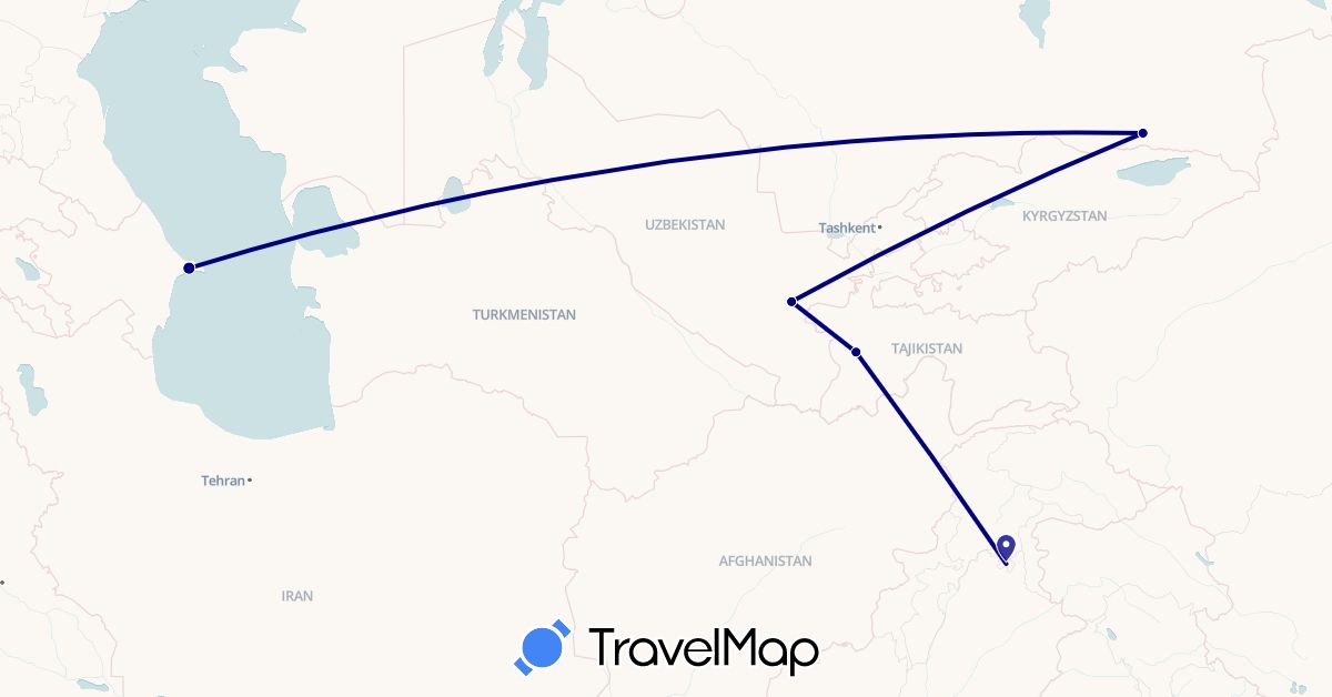 TravelMap itinerary: driving in Azerbaijan, Kazakhstan, Pakistan, Tajikistan, Uzbekistan (Asia)